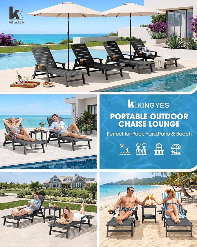 KINGYES HDPE Lounge Chair Outdoor Set of 4, Patio Chaise Lounge Recliner
