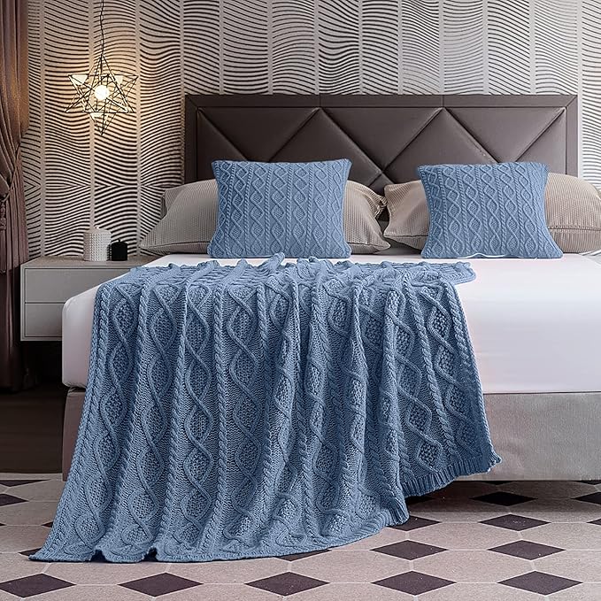 Homiest Dusty Blue Cable Knit Throw, 60 x 80 Inch, Lightweight Acrylic Knitted
