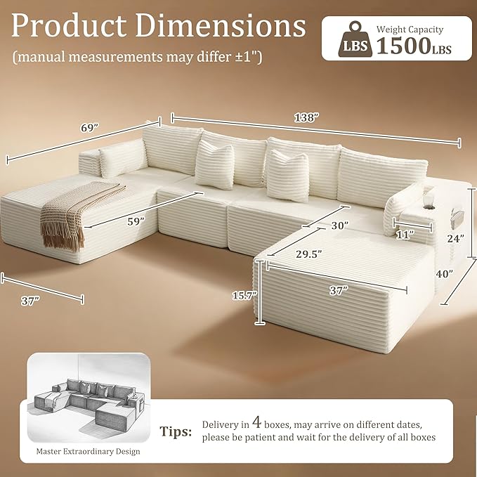 138" Cloud Sectional Couch, Comfort U Shaped Boneless Couch