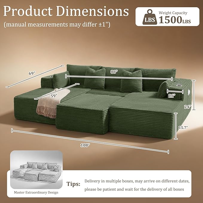108" Cloud Sectional Couch, Comfort Sleep Sofa