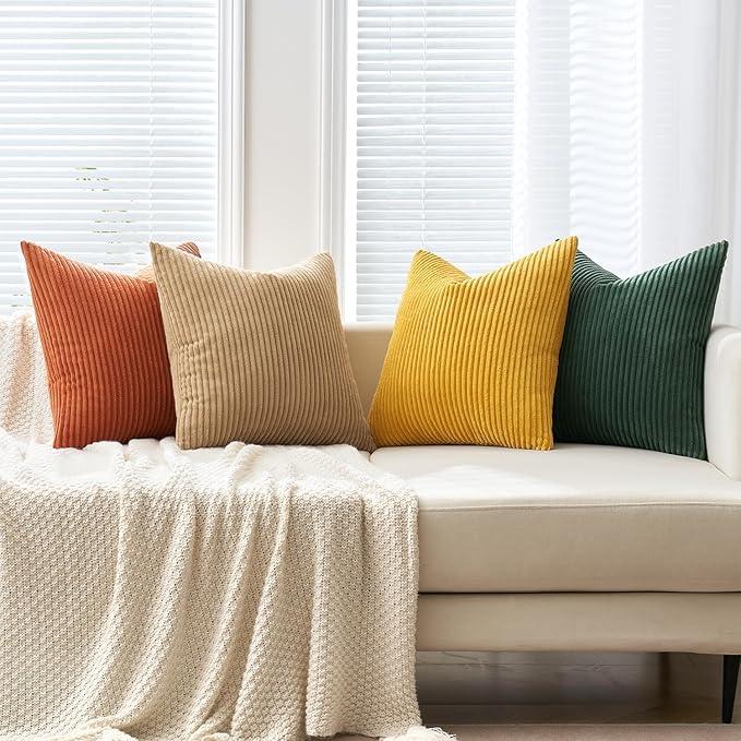 MIULEE Pack of 4 Green-Rust Corduroy Decorative Throw Pillow Covers 18x18 Inch