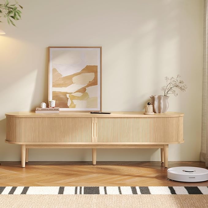 LINSY HOME 70" Fluted TV Stand for TVs up to 80 Inch, Mid Century Modern