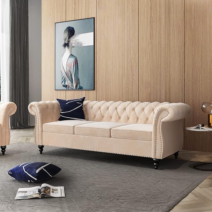 ORRD 2 Piece Living Room Set, Velvet Chesterfield Sofa Couch Chair