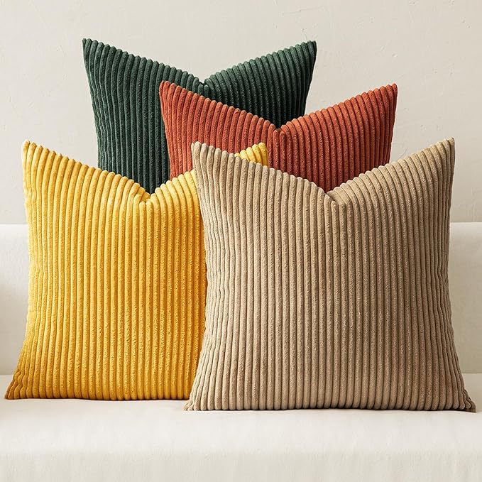 MIULEE Pack of 4 Green-Rust Corduroy Decorative Throw Pillow Covers 18x18 Inch
