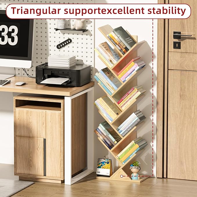 SHEEPAM 10 Tier Tree Book Shelf, Floor Standing Wood Bookshelf