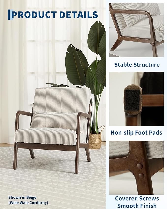 Garvee Mid-Century Modern Accent Chair, Sherpa Upholstery, Solid Wood Armchair