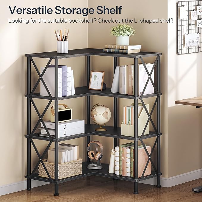 HOOBRO Corner Bookshelf, 4-Tier L-Shaped Bookcase, Industrial Open Display