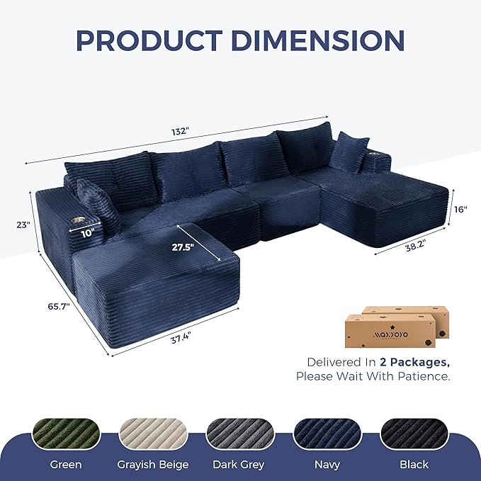 MAXYOYO 132" Giant U-Shaped Modular Sectional Couch, Modern Boneless Couch