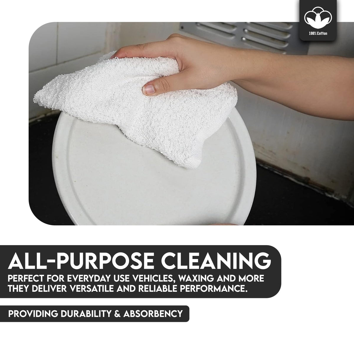 Corporate Hills Terry Bar Mop Towels - 60 Pack (14"x17") White Cotton Terry Cloths, Super Absorbent Cleaning Rags, Reusable Bar Mop Towels for Kitchen, Garage, Salon, Spa & Commercial Use