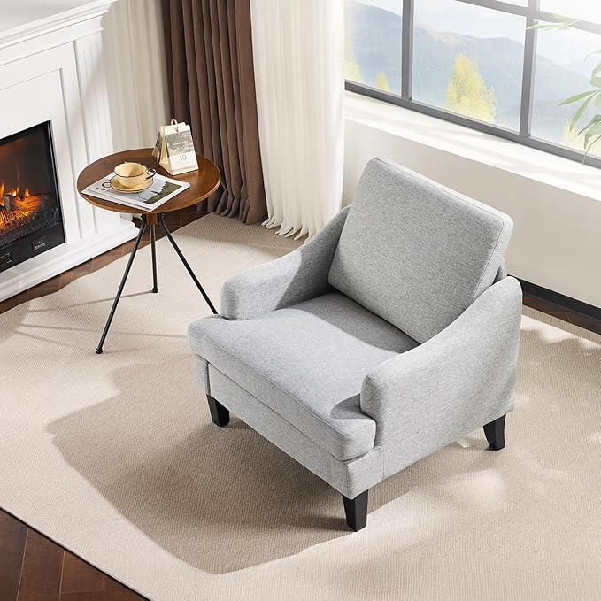 VINGLI Linen Fabric Accent Chair Grey, Modern Upholstered Armchair, Comfy Sofa