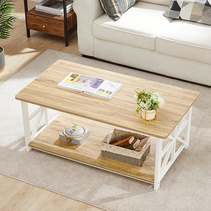 GreenForest Coffee Table with Round Corner, Farmhouse Center Table with 2-Tier