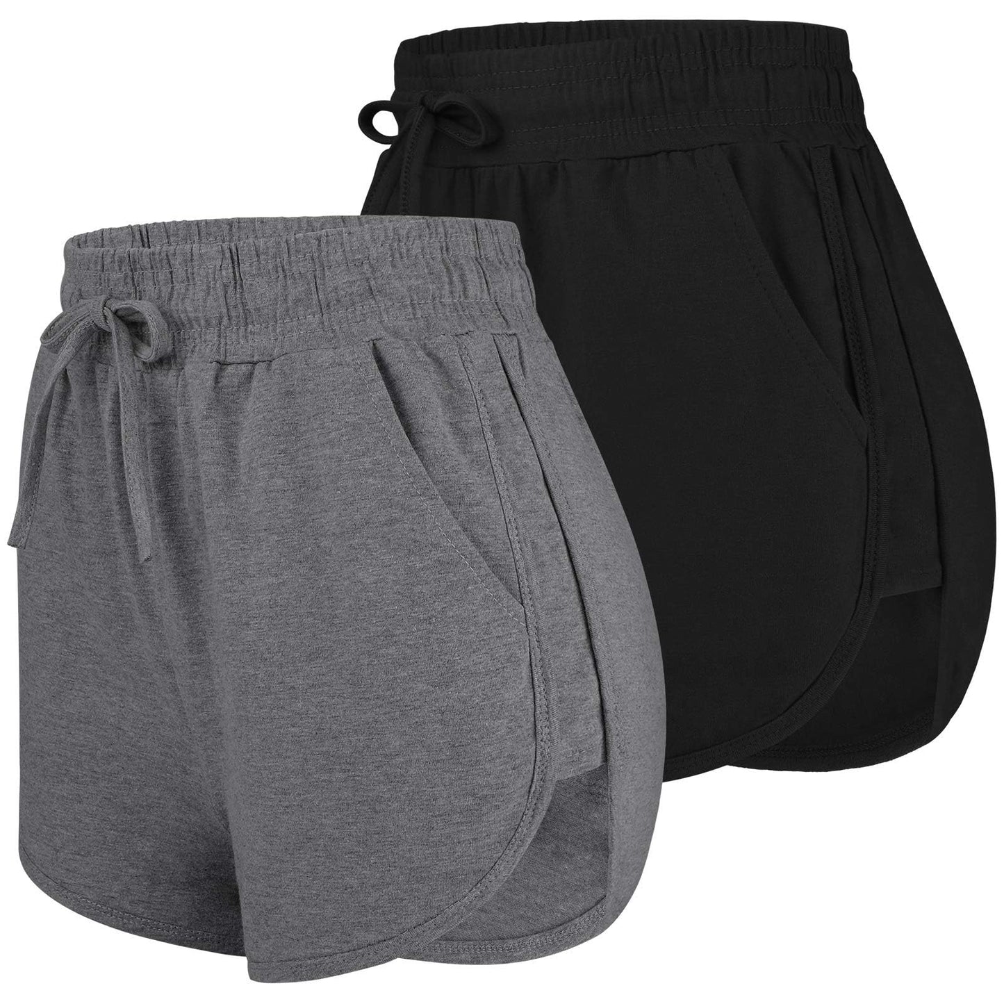URATOT 2 Pack Cotton Yoga Short Women Summer Running Gym Sports Waistband Shorts with Pockets Black,Dark Grey