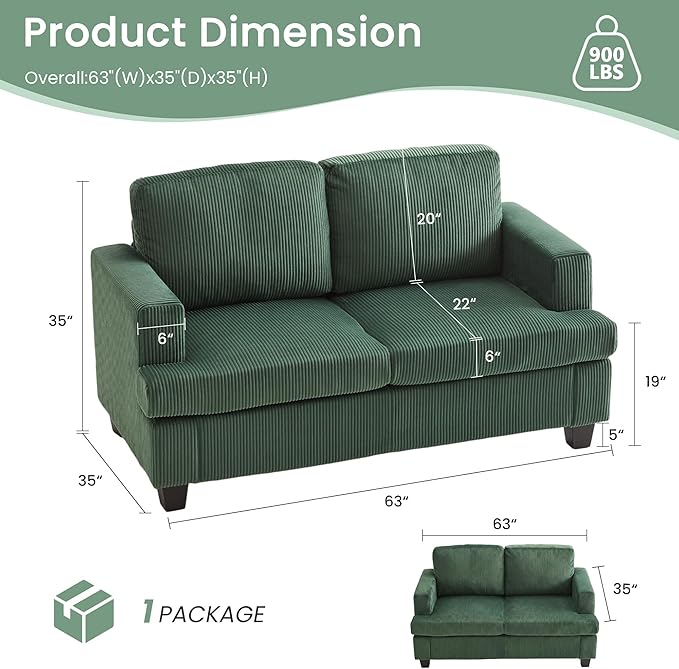 YOUDENOVA Sofa, 63” Comfy Loveseat Sofa