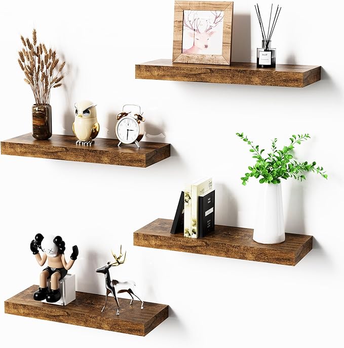 Bellsal Floating Shelves for Wall, Rustic Brown Wood Wall Shelf Set of 4
