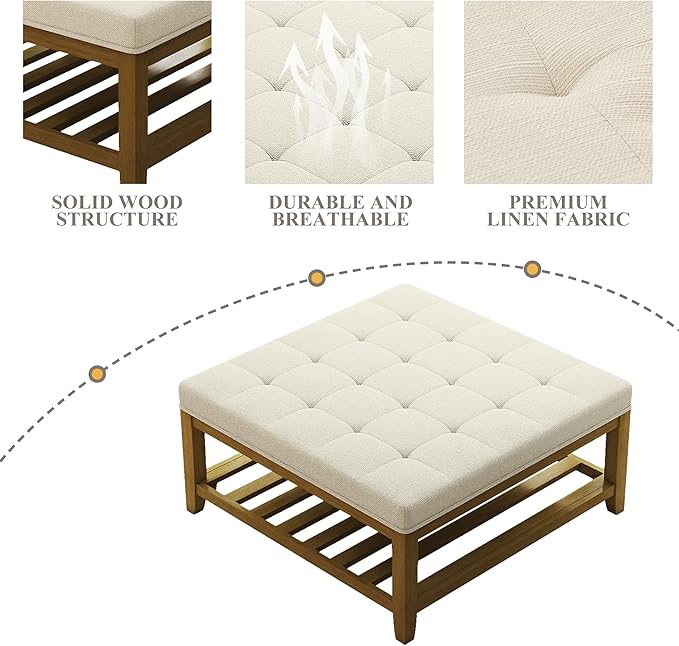 Befurtori Large Square Ottoman Coffee Table, Linen Solid Upholstered Footrest