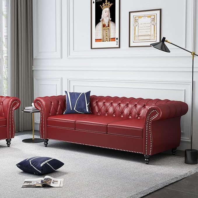 ORRD 2 Piece Living Room Set, Chesterfield Leather Sofa Loveseat Couch Chair