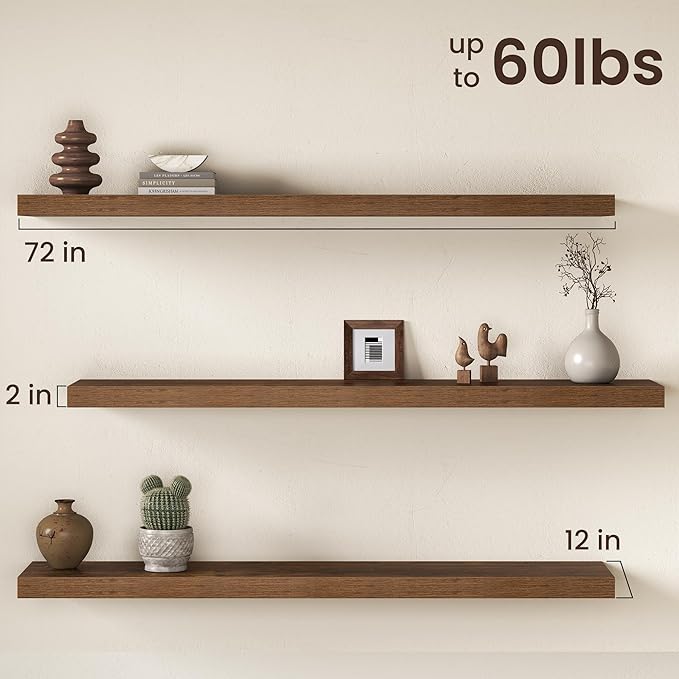 Fun Memories 72 Inch Floating Shelves, 12 Inch Deep Wall Shelf