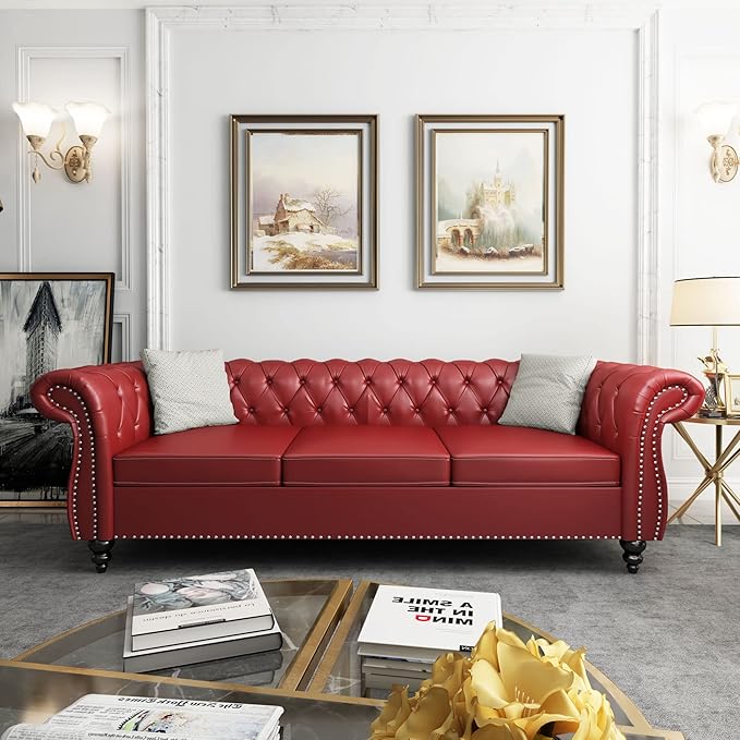 ORRD 2 Piece Living Room Set, Chesterfield Leather Sofa Loveseat Couch Chair