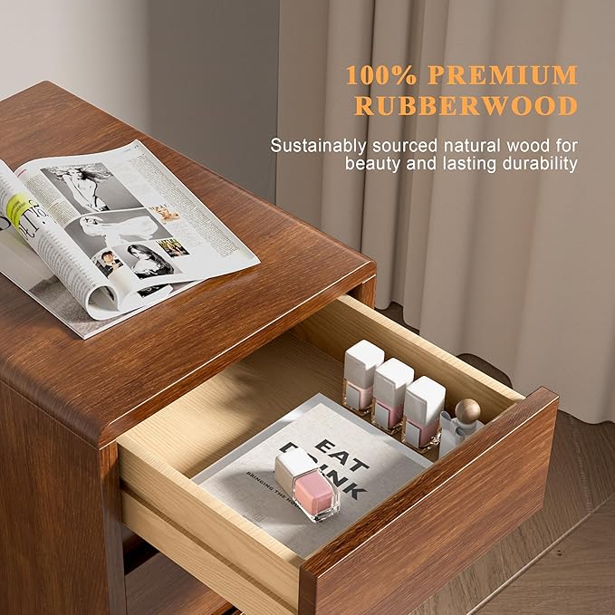 Nightstand with 3 Drawers Narrow Night Stand Solid Wood Bedside Table Mid