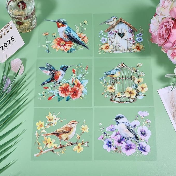GLOBLELAND 18 Sheets Flowers and Bird Transfer Stickers 3.9x3.6inch Hummingbird
