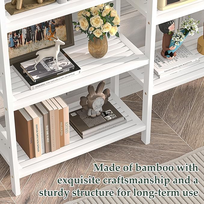 Homykic Double Wide Bamboo Bookshelf White, 6-Tier Large Open Bookcase