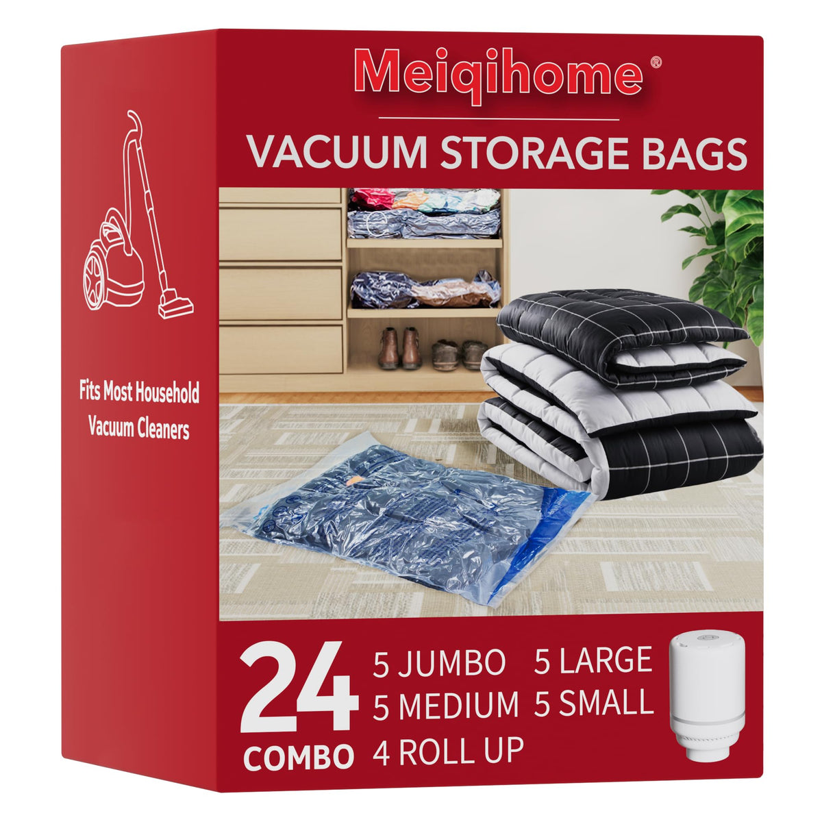 Vacuum Seal Bags for Clothing Travel & Home Storage, travel vacuum bags with pump, Store Blankets, Comforters, Pillows, Seasonal Clothes Compactly,24 Pack With Electric Pump