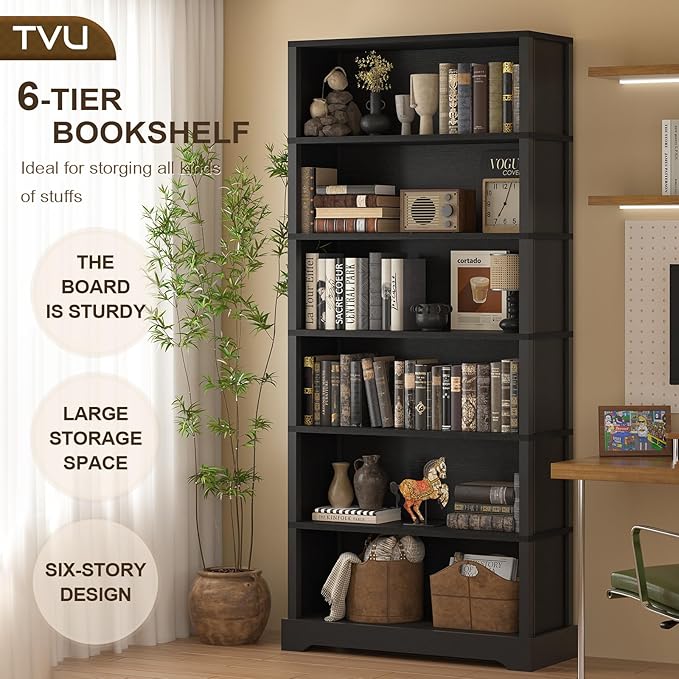 TVU 6-Tier Wooden Bookshelf, 77.2" Tall Farmhouse Style Open Bookcase, 31.5" W