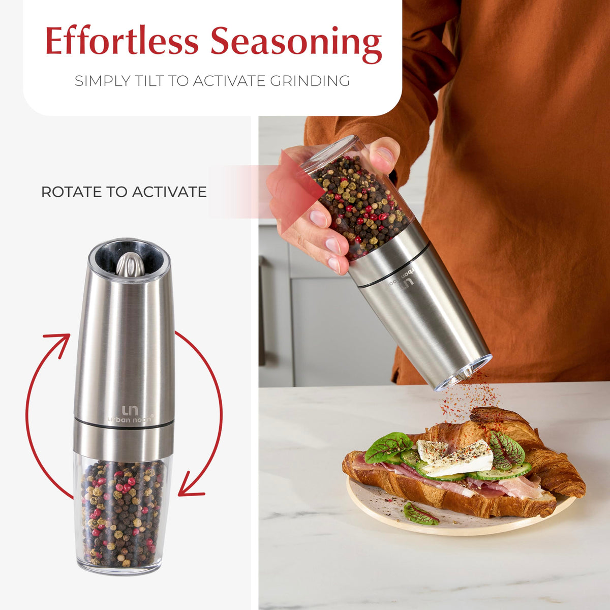 Urban Noon Gravity Salt and Pepper Grinder Set - Battery Operated Stainless Steel Mills with Light (2 Grinders) - Automatic One Handed Operation - Electric Adjustable Shakers - Ceramic Grinders