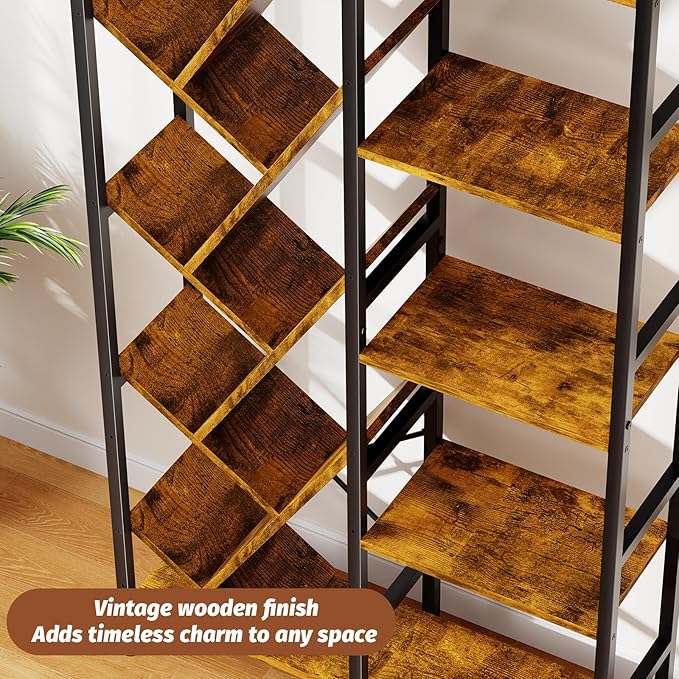 5-Tier Double Wide Bookshelf 67", Industrial Tree BookShelves, Vintage Storage