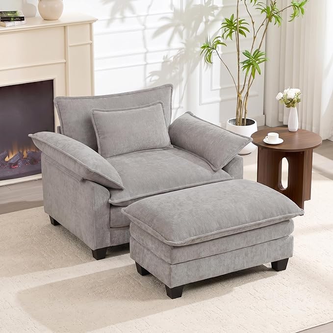 Oversized Accent Chair with Ottoman Set of 2, Upholstered Armchair with Extra