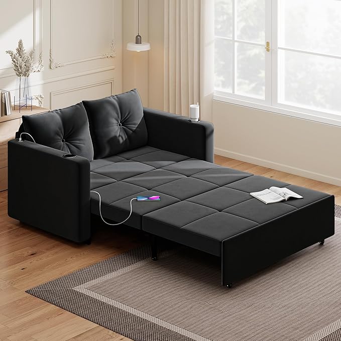 Krcix 3 in 1 Pull Out Couch, 56 Inch Velvet Sofa Bed, Convertible Sleeper Sofa