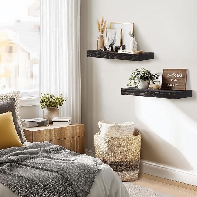 17x8x1.6 inch Floating Shelves Set of 2 – Solid Wood Rustic Black Wall Mounted