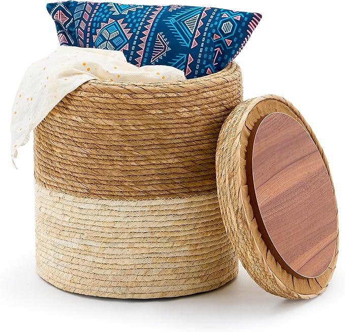 Wimarsbon Round Pouf Ottomans, Handwoven Natural Water Hyacinth Seagrass Pouffe