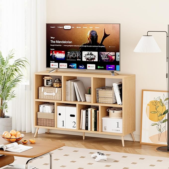 7-Cube Storage Organizer with Natural Wood Legs, Mid-Century Modern Bookcase
