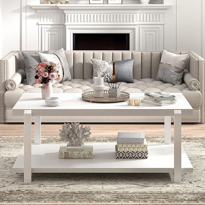 FOLUBAN White Coffee Table, Modern Rustic Wood and Metal Center Table