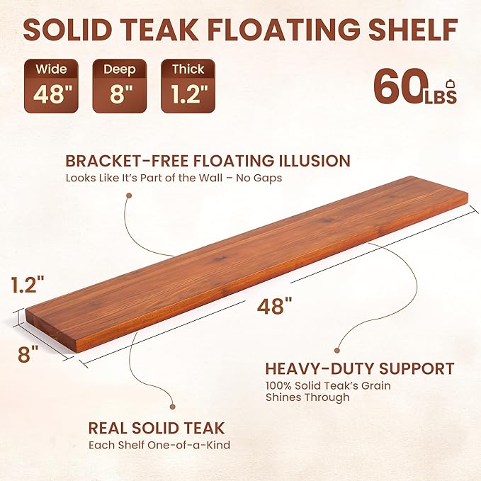48" Solid Teak Floating Wall Shelf