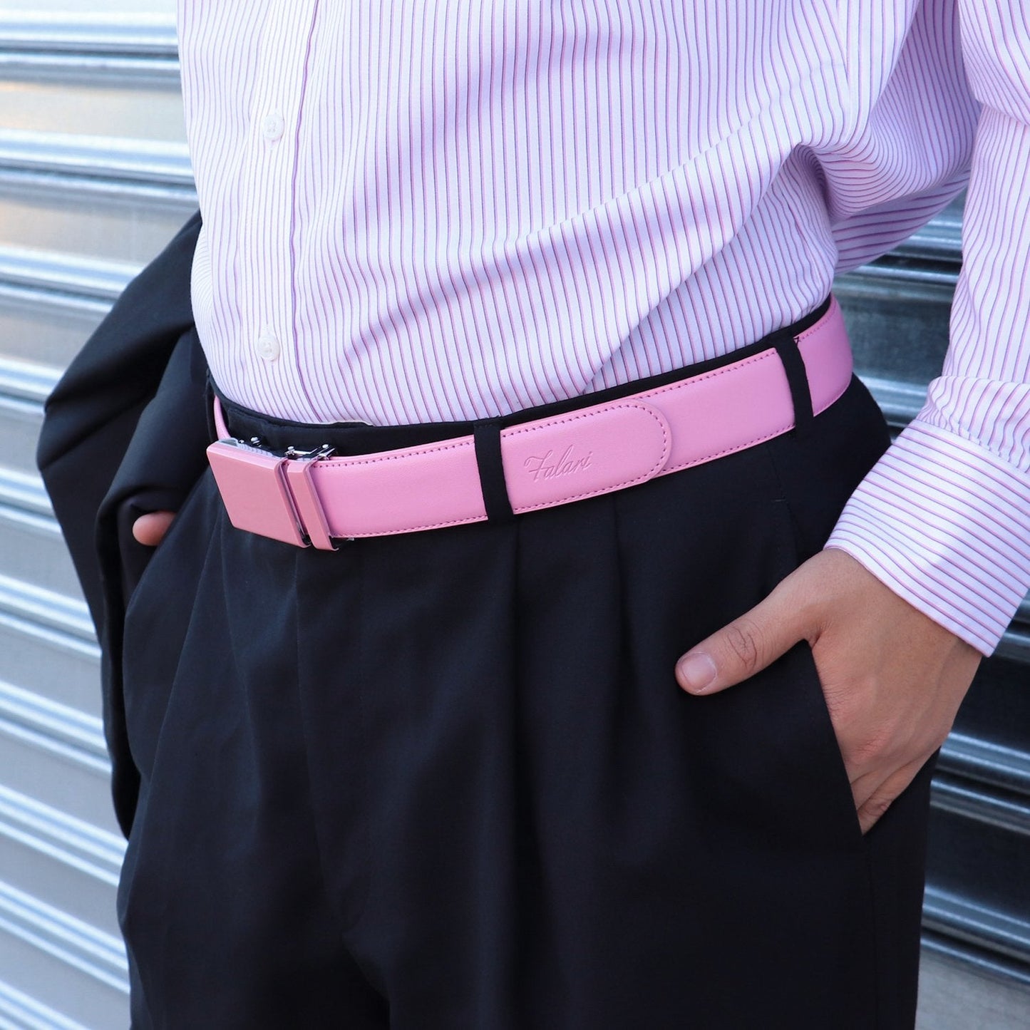 Falari Men's Genuine Leather Ratchet Dress Belt Automatic Sliding Buckle 8168-PNK-XL44