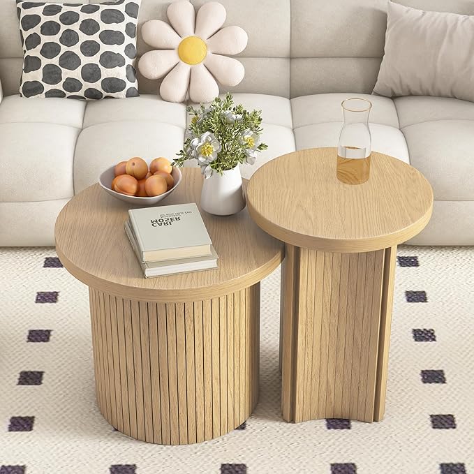 Set of 2 Nesting Coffee Tables Farmhouse, Round Coffee Tables Living Room