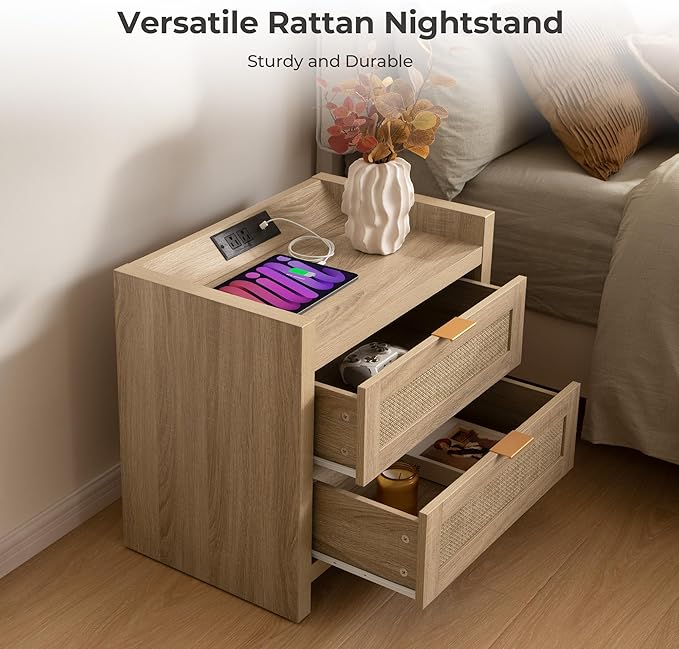 SICOTAS Rattan Nightstand Bedside Table