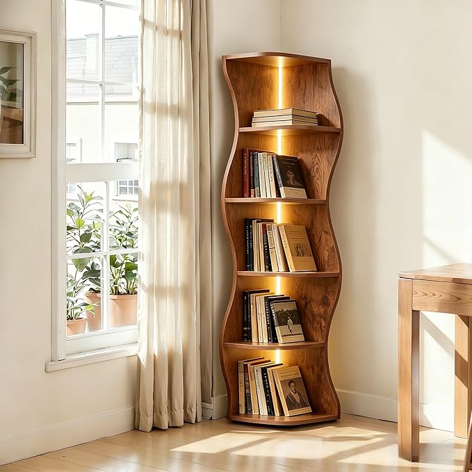 VECELO Wavy Corner Shelf with LED Light, Decorative 6-Tier Corner Display