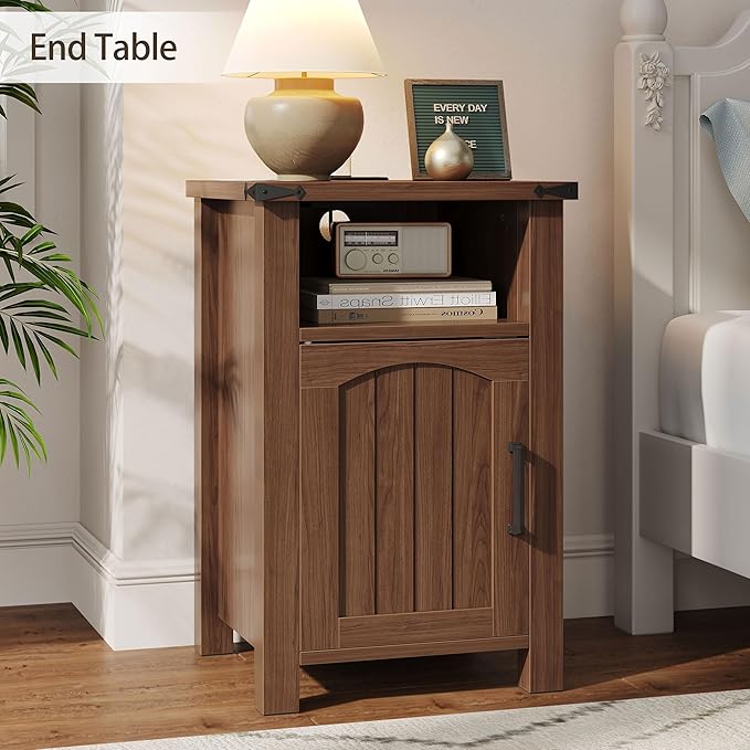 Farmhouse Nightstand with Charging Station, End Table with USB/Type-C Ports and