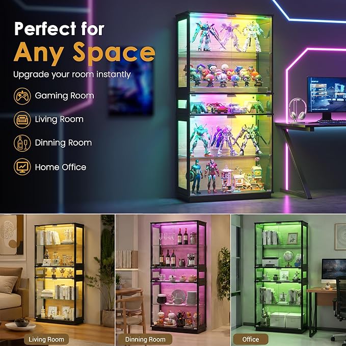 RGB Glass Display Cabinet, 5-Tier Lighted Display Case