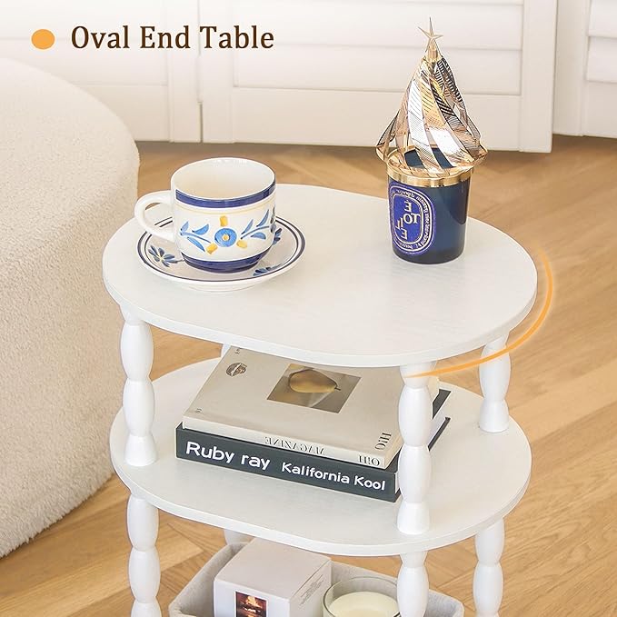 MaxSmeo White Side Table, 3-Tier Small Oval End Table, Modern Night Stand Wood