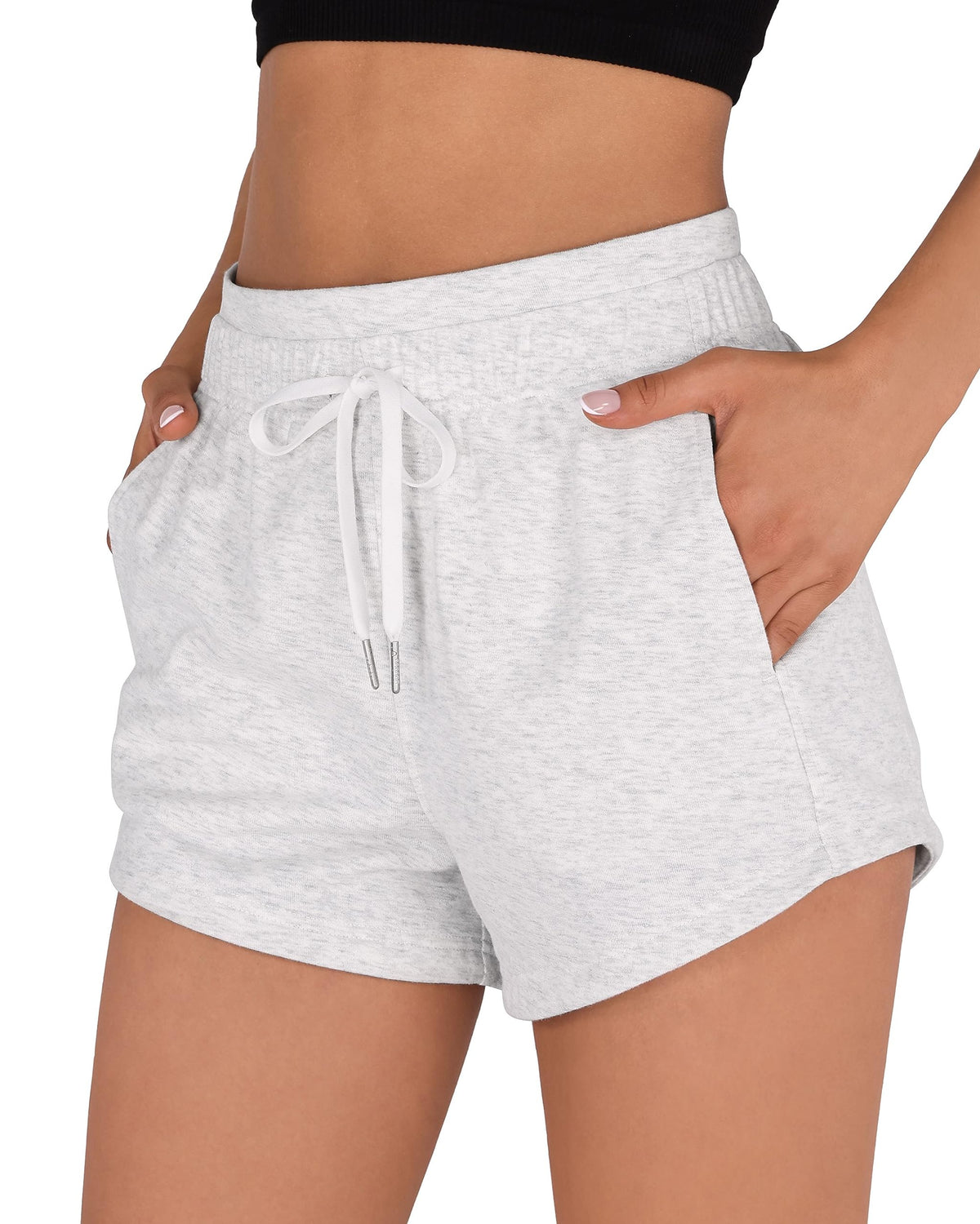 ODODOS Women's Sweat Shorts with Pockets Cotton French Terry Drawstring Summer Workout Casual Lounge Shorts, White Heather, XX-Small