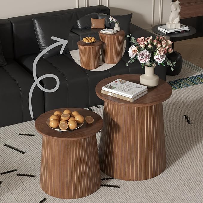 Nesting Coffee Table Set of 2, Round End Table