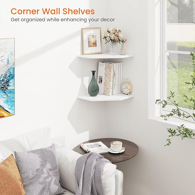 Homode Corner Shelf Wall Mount, Cable Box, 2 Tier Wood Hanging Storage Shelf