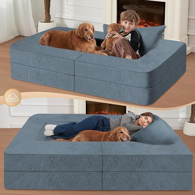 Folding Bean Bag Chair for Adults, 3-in-1 Bean Bag Couch Faux Fur Floor Sofa