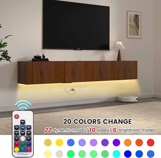71” Floating TV Stand with LED Lights & Charging Station, Wall Mounted