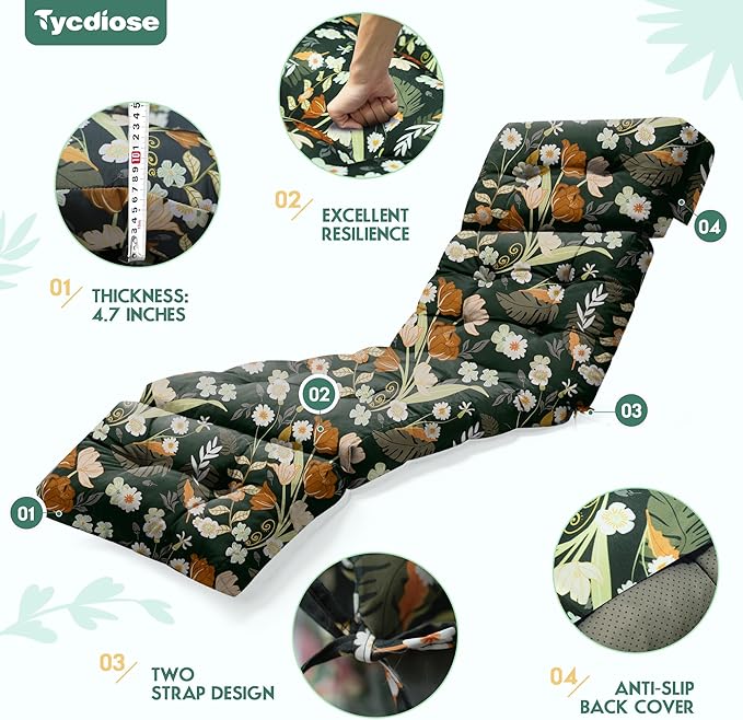 Outdoor Chaise Lounge Chair Cushion Waterproof 74.4 x 22 x 4.7 Inches Memory