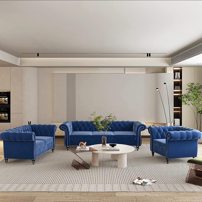 ORRD 3 Piece Living Room Set, Velvet Chesterfield Sofa Loveseat Couch Chair